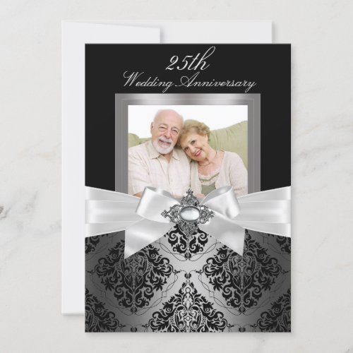 Silver Black Bow  Damask 25th Wedding Anniversary Invitation