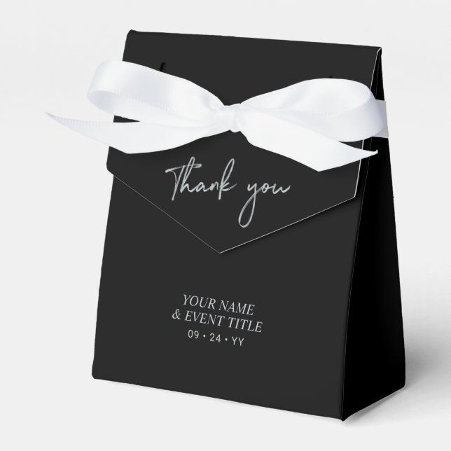 Silver & Black Brush Script Party Thank you Favor Boxes (Front Side)