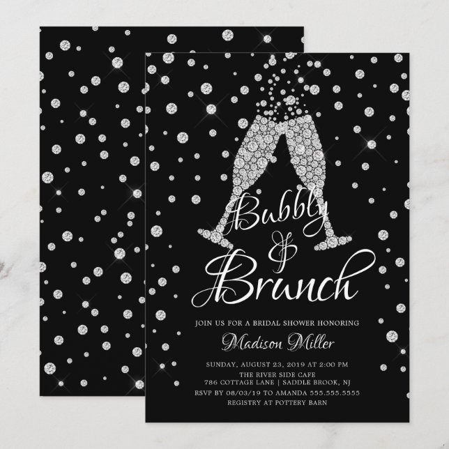Silver & Black Bubbly & Brunch Bridal Shower Invitation (Front/Back)