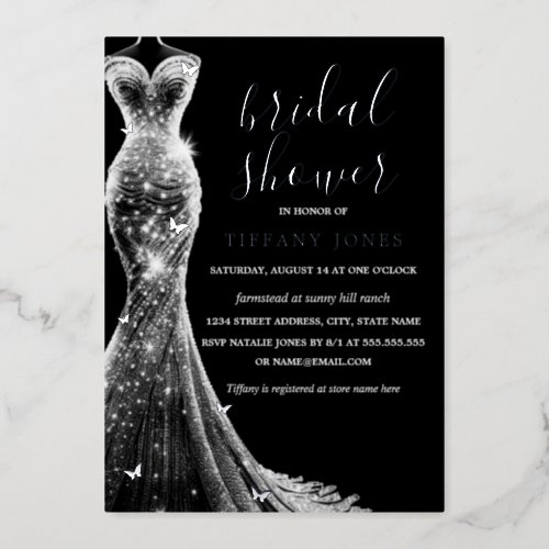 Silver Black Butterfly Dress Bridal Shower  Foil Invitation