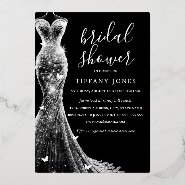 Silver Black Butterfly Dress Bridal Shower  Foil Invitation (Front)