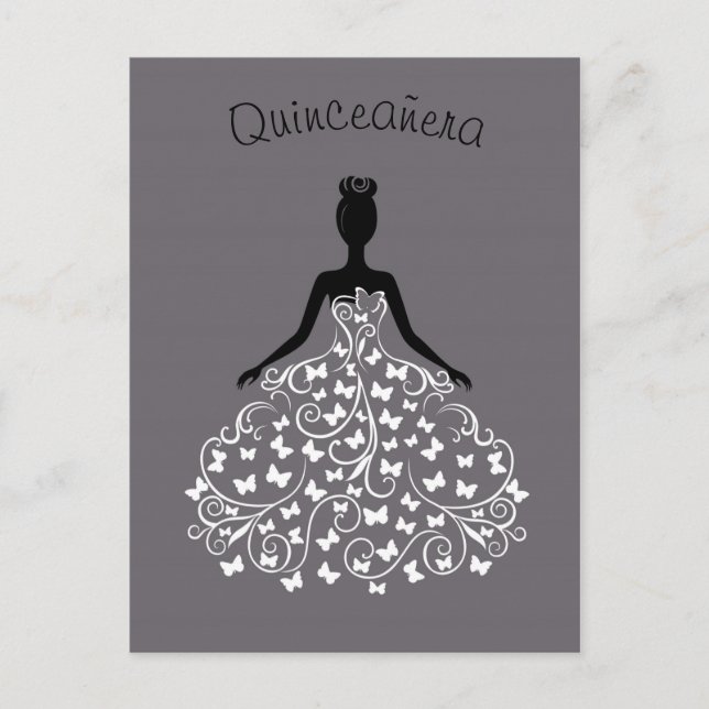 Silver Black Butterfly Gown Quinceanera Invitation (Front)