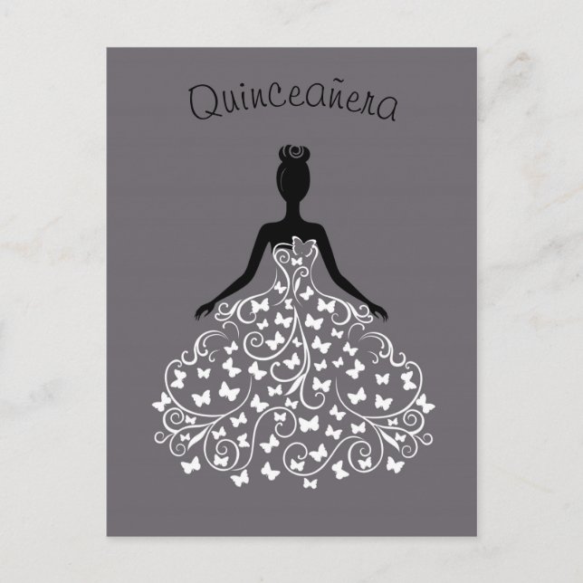 Silver Black Butterfly Gown Quinceanera Invitation Postcard (Front)