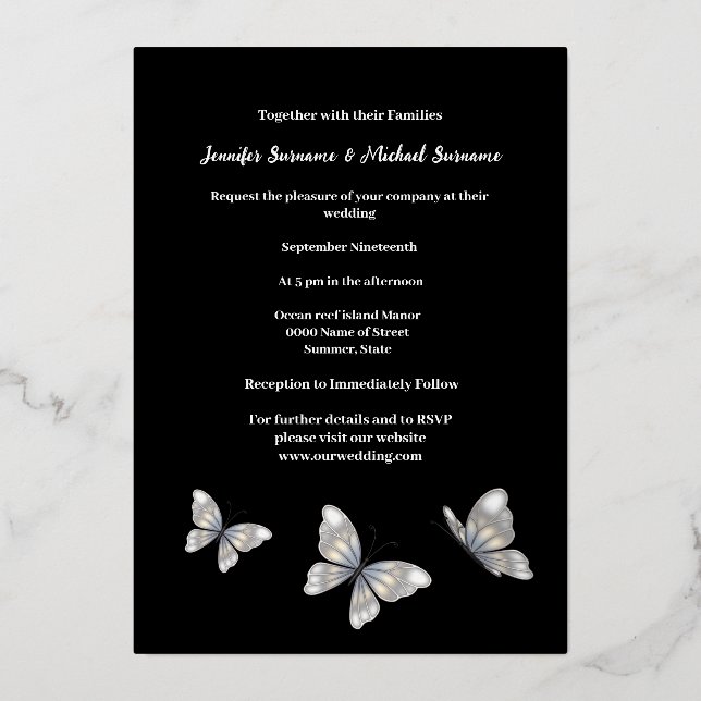 Silver black butterfly minimalist plain elegant  foil invitation (Front)