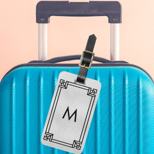 Silver black classic art decor frame monogram luggage tag