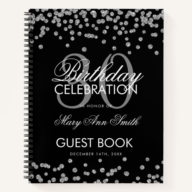 Silver Black Confetti 30th Birthday Guestbook Notebook (Front)