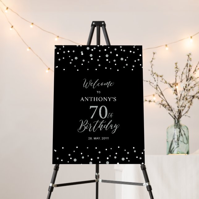 Silver Black Confetti 70th Birthday Party Welcome  Foam Board (In Situ (Stand))