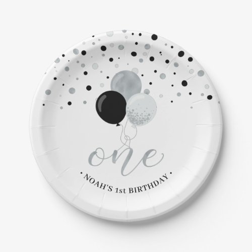 Silver  Black Confetti Balloon 1st Birthday Party Paper Plates