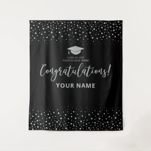 Silver, Black Confetti Congratulation Graduation Tapestry