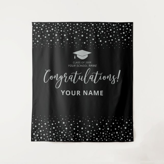 Silver, Black Confetti | Congratulation Graduation Tapestry (Front)