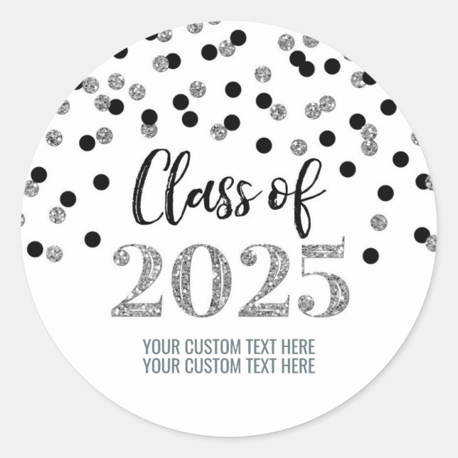 Silver Black Confetti Graduation 2025 Classic Round Sticker (Front)