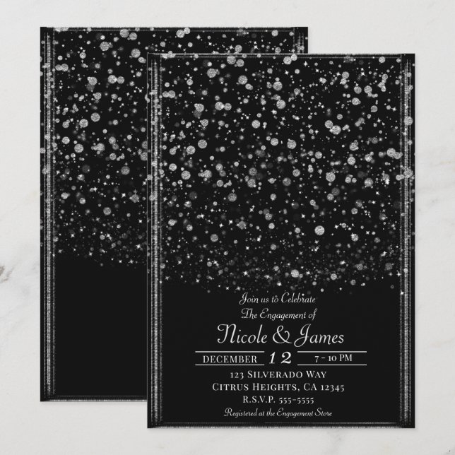Silver & Black Confetti Splatter Engagement Party Invitation (Front/Back)