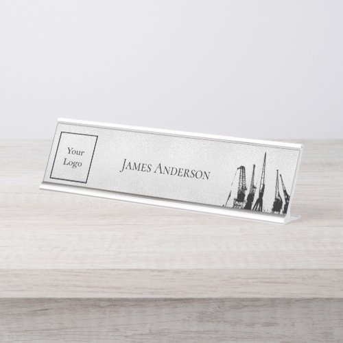 Silver black construction cranes industry logo desk name plate