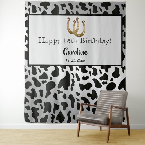 Silver  Black Cow Spots  Gold Horseshoe Birthday Tapestry