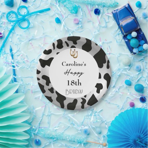 Silver  Black Cow Spots Lucky Shoe Horse Birthday Paper Plates