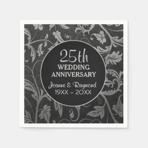 Silver Black Damask 25th Anniversary Paper Napkins