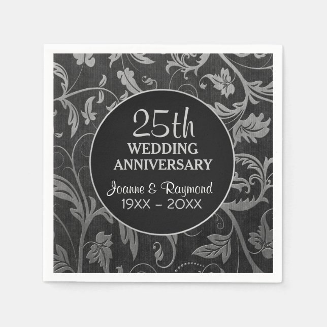 Silver Black Damask 25th Anniversary Paper Napkins (Front)