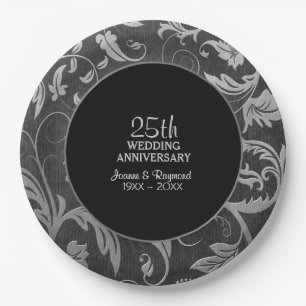 Silver Black Damask 25th Anniversary Paper Plates