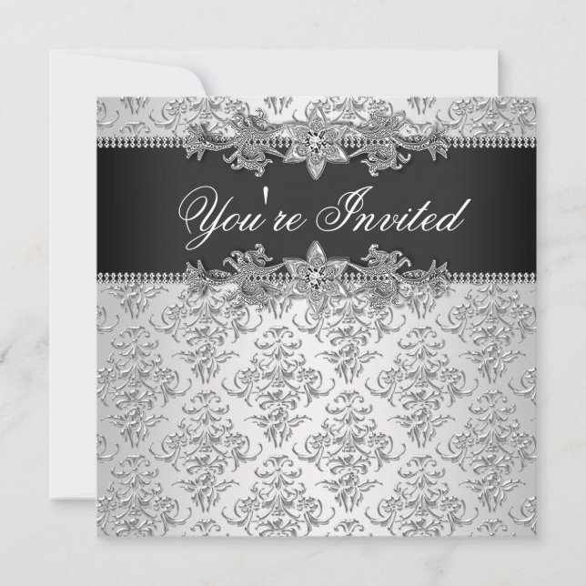 Silver Black Damask Black Damask Party Invitation (Front)