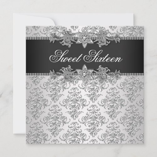 Silver Black Damask Black White Sweet 16 Birthday Invitations