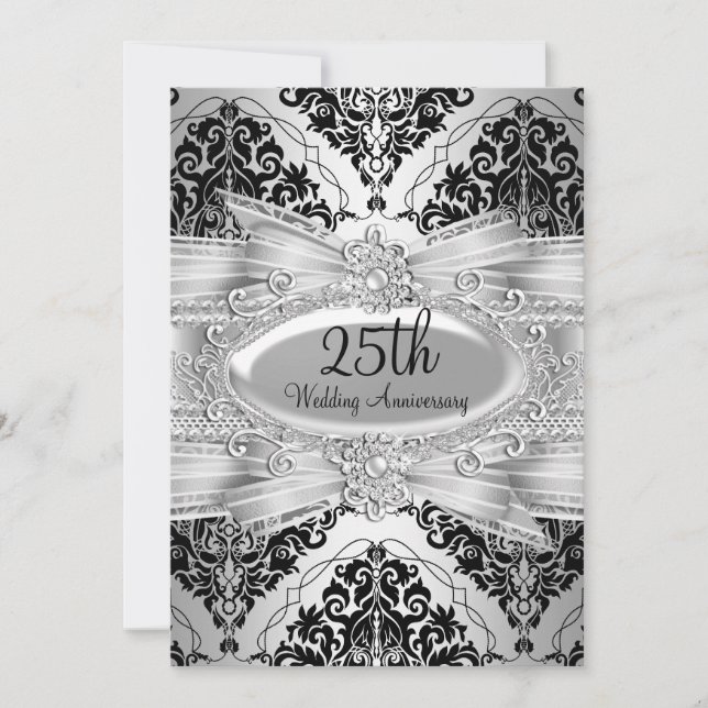 Silver Black Damask & Bow 25th Anniversary Invite (Front)