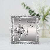 Silver Black Damask Chandelier Birthday Party Invitation (Standing Front)