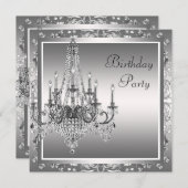 Silver Black Damask Chandelier Birthday Party Invitation (Front/Back)