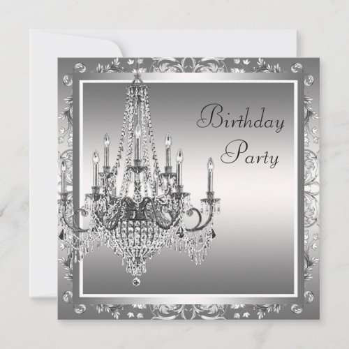 Silver Black Damask Chandelier Birthday Party Invitation