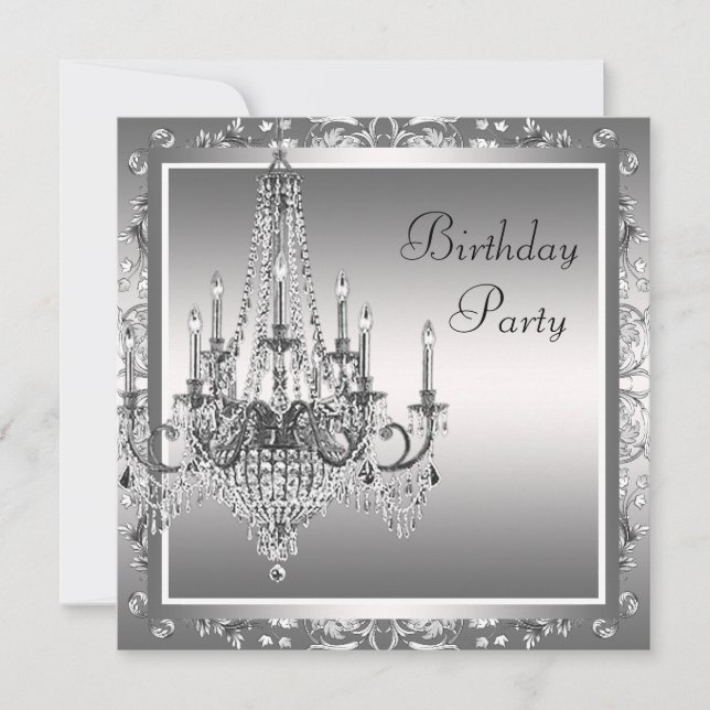 Silver Black Damask Chandelier Birthday Party Invitation (Front)