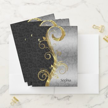 Silver & Black Damask Gold Floral Swirl  Pocket Folder by gogaonzazzle at Zazzle