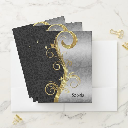 Silver  Black Damask Gold Floral Swirl  Pocket Folder