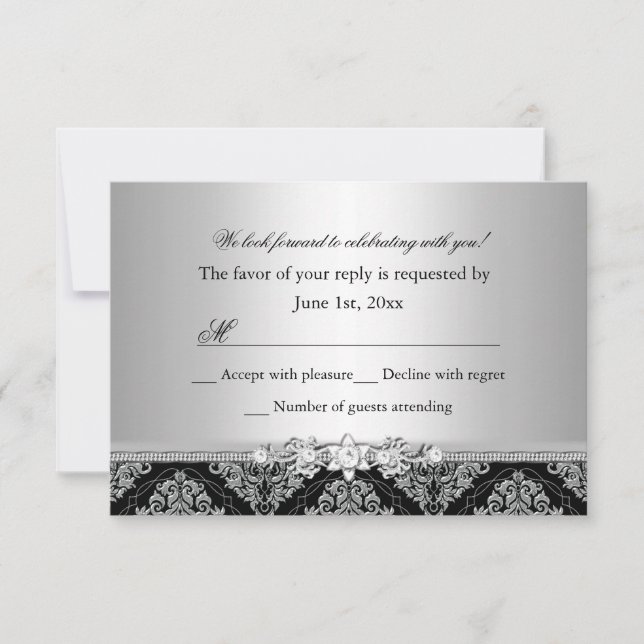 Silver & Black Damask RSVP (Front)