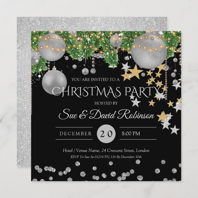 Silver Black Decor Christmas Holiday Party Invitation (Front/Back)