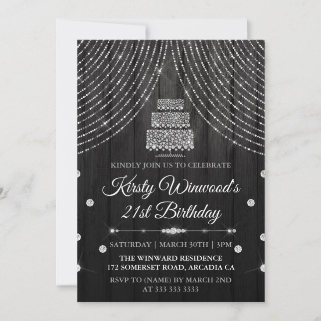Silver Black Diamond Cake Birthday Party Invitation (Front)