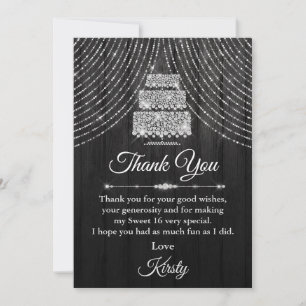 Silver Black Diamond Cake Sweet 16 Thank You Card