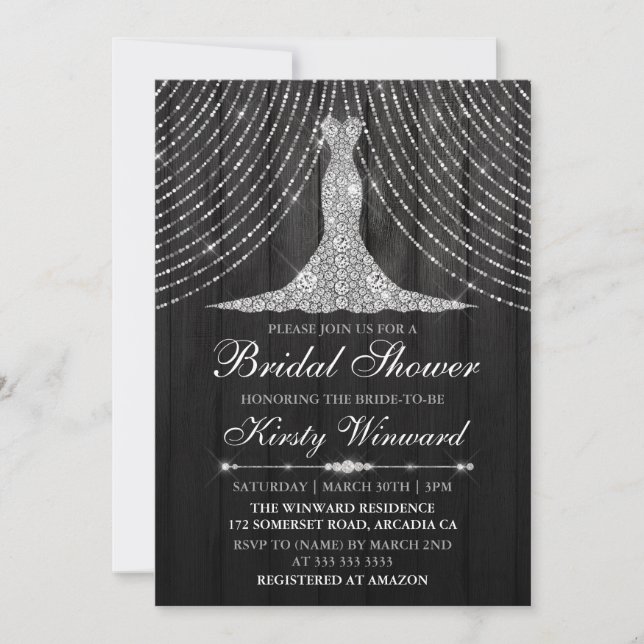 Silver Black Diamond Curtain Dress Bridal Shower Invitation (Front)