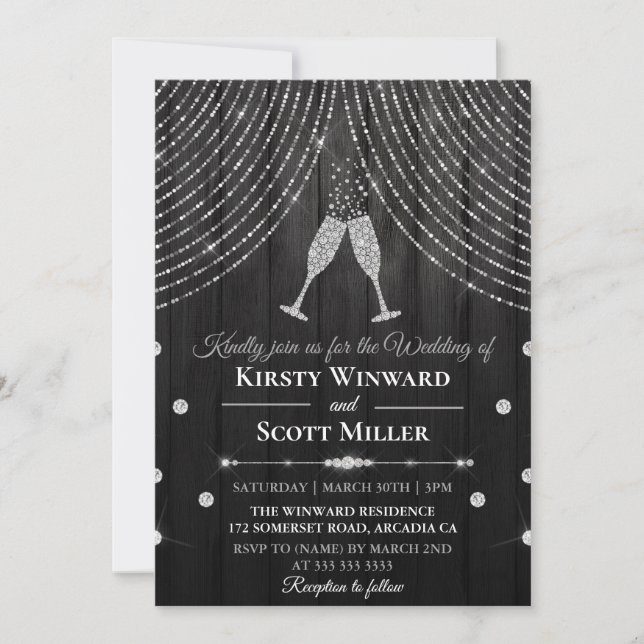 Silver Black Diamond Curtain Glasses Wedding Invitation (Front)