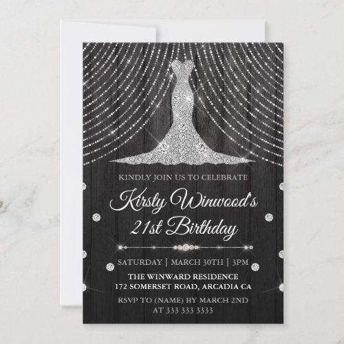 Silver Black Diamond Dress Birthday Party Invitation