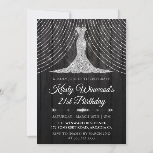 Silver Black Diamond Dress Birthday Party Invitation