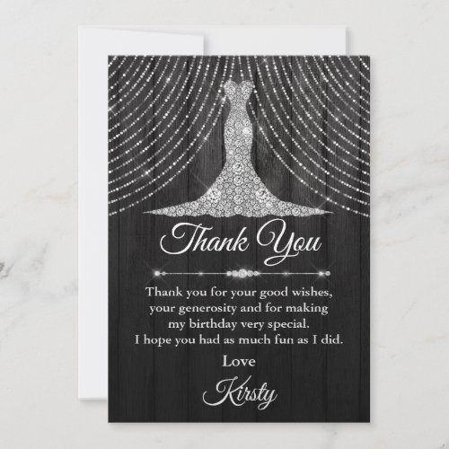 Silver Black Diamond Dress Birthday Party Thank You Card