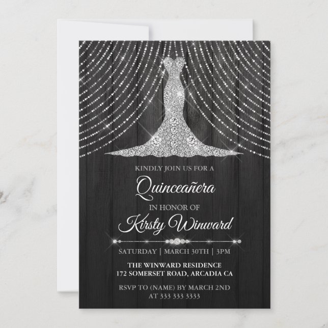 Silver Black Diamond Dress Quinceanera Invitation (Front)
