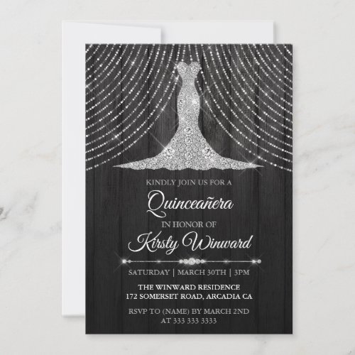 Silver Black Diamond Dress Quinceanera Invitation