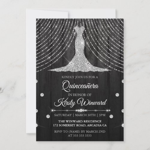 Silver Black Diamond Dress Quinceanera Invitation