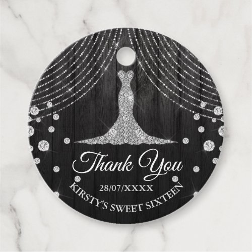 Silver Black Diamond Dress Sweet 16 Favor Tags