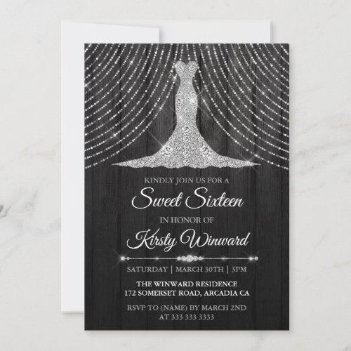 Silver Black Diamond Dress Sweet 16 Invitation