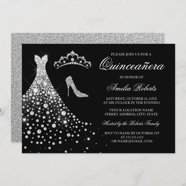 Silver Black Diamond Dress Tiara Quinceanera Invitation (Front/Back)