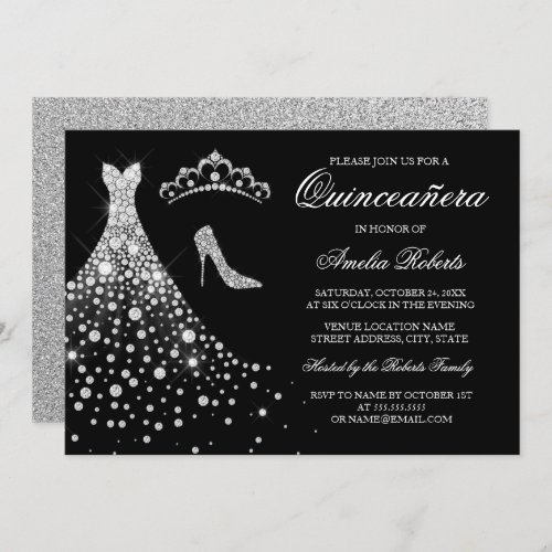 Silver Black Diamond Dress Tiara Quinceanera Invitation