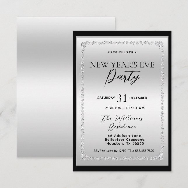 Silver & Black Diamond Framed New Year's Eve Invitation (Front/Back)