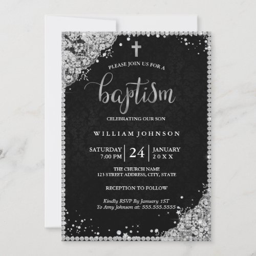 Silver Black Diamond Lace Cross Baptism Invitation