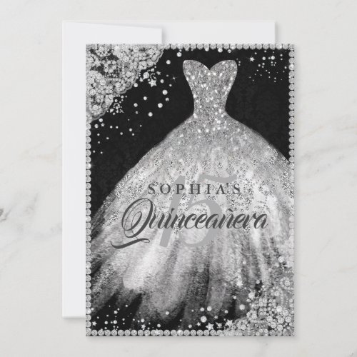 Silver Black Diamond Lace Sparkle Gown Quinceanera Invitation